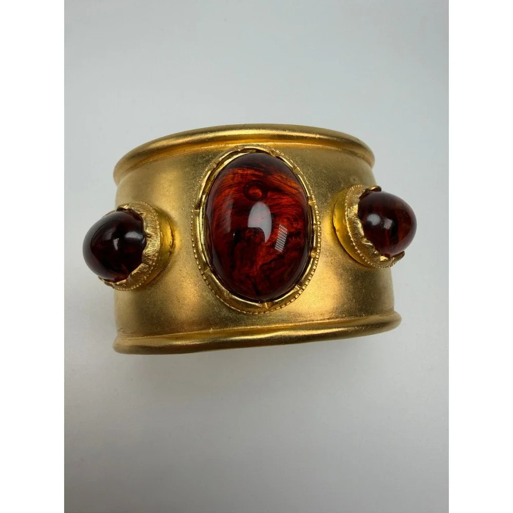 Vintage KJL Kenneth Jay Lane Wide Gold Tone Cuff Bracelet Amber Cabochon #1205